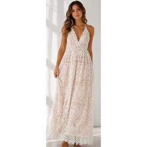 Chicwish White Lace Maxi Dress Open Back Tie Crochet Overlay Romantic Boho Small